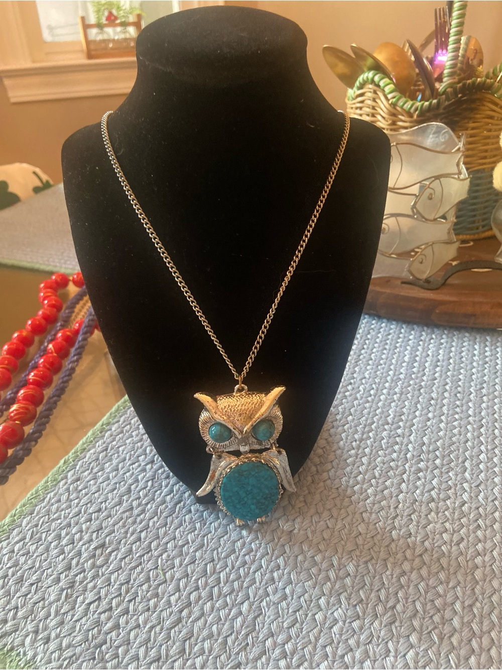 Owl Pendant Necklace with Turquoise Accents - Women Jewelry